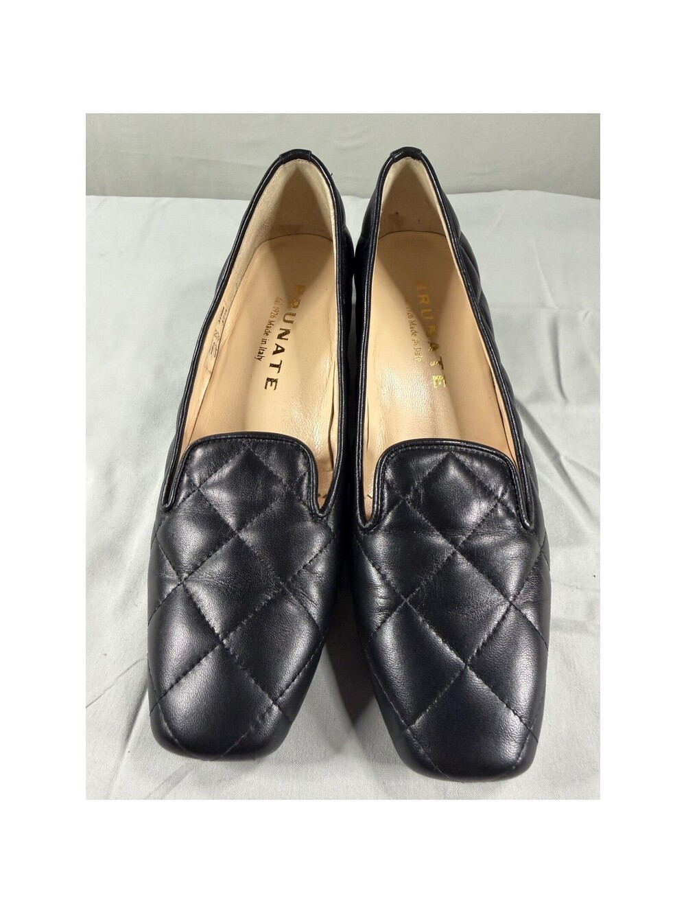 Brunate Black Quilted Leather Loafers Square Toe Block Heel Made in Italy 37.5